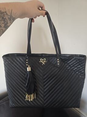 Victoria's Secret Black Quilted Chevron Tote with Gold Tassel